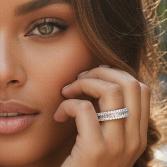 None Jewelry - STERLING SILVER 3 Row CZ Anniversary Wedding Band Ring Size 8 Baguettes Round